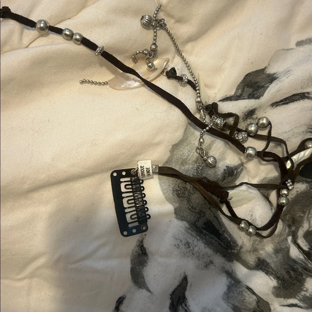 NWT Free People Sea Shell Black‎ Rope Suede Beaded Hair Clip-in Accessory